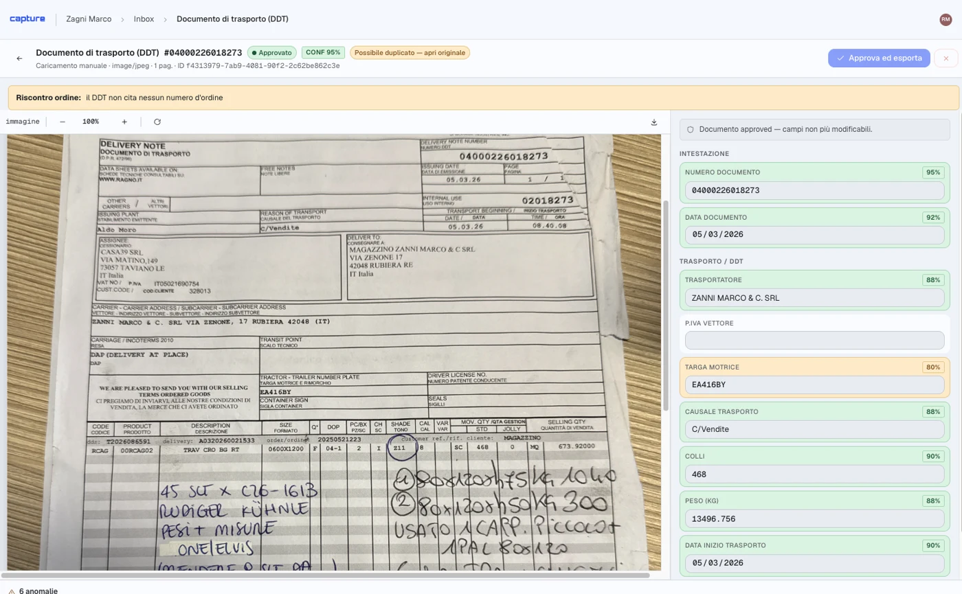 Il flusso Capture: estrazione AI, controlli automatici e mapping ERP